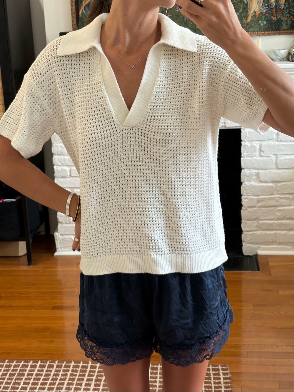 LOFT Cream Open-Knit Polo Sweater Top
